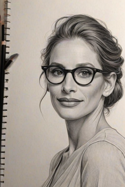 Graceful Julia Roberts, pencil sketch, portrait of Sublime woman 1931s in glasses, hair style beatnik, outline, clear lines, fine lines, 8k
