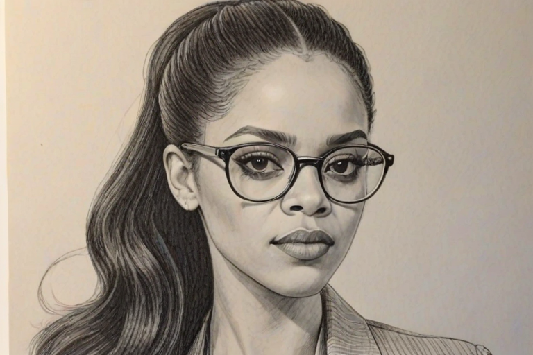 Fetching Bianca Lawson, pencil sketch, portrait of Captivating woman 1977s in glasses, hair style beatnik, outline, clear lines, fine lines, 8k