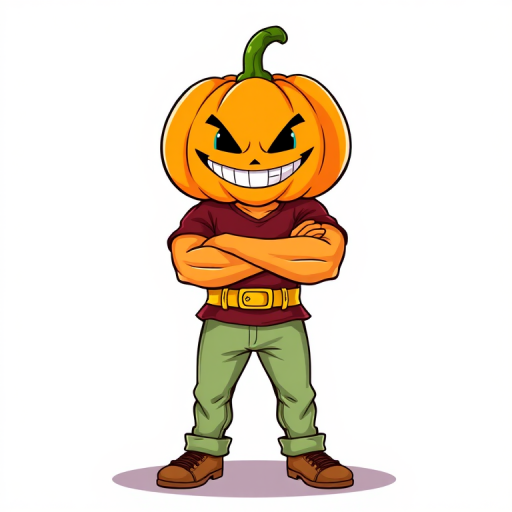 Create a digital illustration of a strong cartoon character with a pumpkin head and a mischievous grin, wearing a maroon shirt, yellow belt, and light green pants, standing confidently with arms crossed, using a high-resolution setting in a vector style, with a crisp clean background, shot with a digital drawing tablet at 300 DPI.