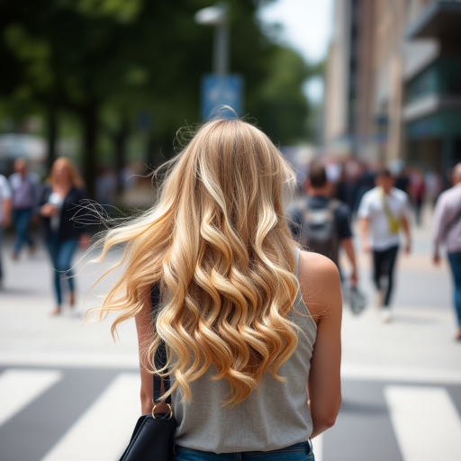 Capture a candid shot of a woman with long wavy blonde hair walking away on a busy street, using a DSLR camera at f/2.8 aperture, ISO 200, 50mm lens, natural light, shallow depth of field, focusing on her flowing hair and the details of her outfit while slightly blurring the background.