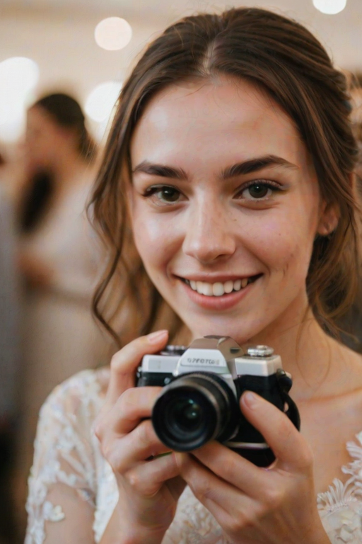 Blurry candid shot of a young woman with a camera capturing moments during a wedding, soft light illuminating her joyful expression as she snaps photos.