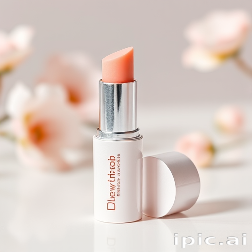 Sheer tinted lip balm called "Dewdrop Kiss" in a soft peach hue, infused with moisturizing oils and subtle shimmer for a natural, fresh-faced glow
