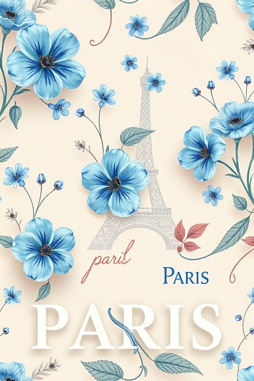 create a high-resolution image of a floral pattern with blue flowers and Paris-themed text in soft pastel tones, using a DSLR camera, aperture f/4, shutter speed 1/125s, ISO 200, macro view, and natural lighting for enhanced detail and clarity