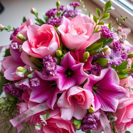 regenerate a high-resolution image of a decorative floral arrangement featuring pink and purple flowers along with green leaves and ribbons, using a Canon EOS R5 camera at f/4 aperture, ISO 100, 50mm lens, top-down view, and soft natural lighting to enhance colors and details
