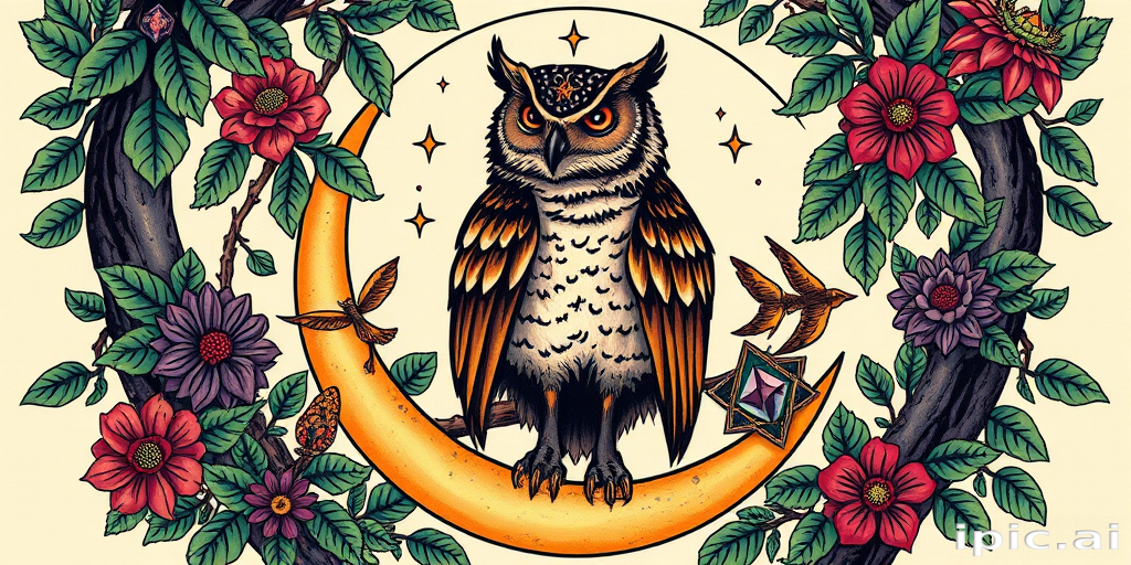 Neo-traditional tattoo design titled "Enchanted Forest Guardian" showcasing a mystical owl perched on a crescent moon surrounded by lush foliage and magical symbols in jewel tones