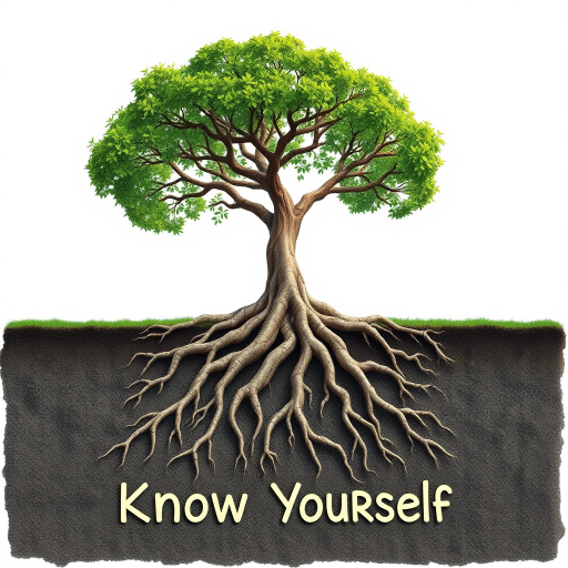 Tree with deep roots: The roots will clearly say "Know Yourself" to represent self-awareness.