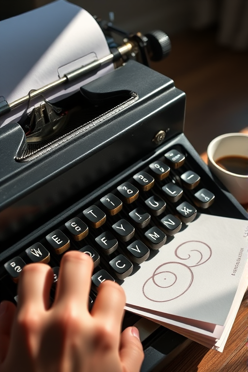 High-contrast, close-up image of an old-fashioned typewriter, fingers pressing down on keys, black ink ribbon taut and ready to print, sunlight glinting off the metal parts, an unfinished letter sitting in the typewriter, coffee cup rings visible on a stack of papers nearby.