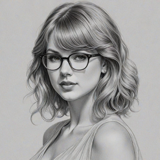 Elegant Taylor Swift, pencil sketch, portrait of Magnificent woman 1921s in glasses, hair style beatnik, outline, clear lines, fine lines, 8k