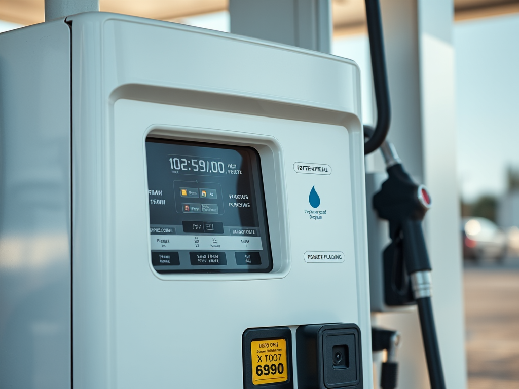 Create a high-resolution image of a fuel pump with a clean design, using a Canon EOS 5D Mark IV at f/8, ISO 100, focusing on a medium shot with natural lighting for clarity and detail.