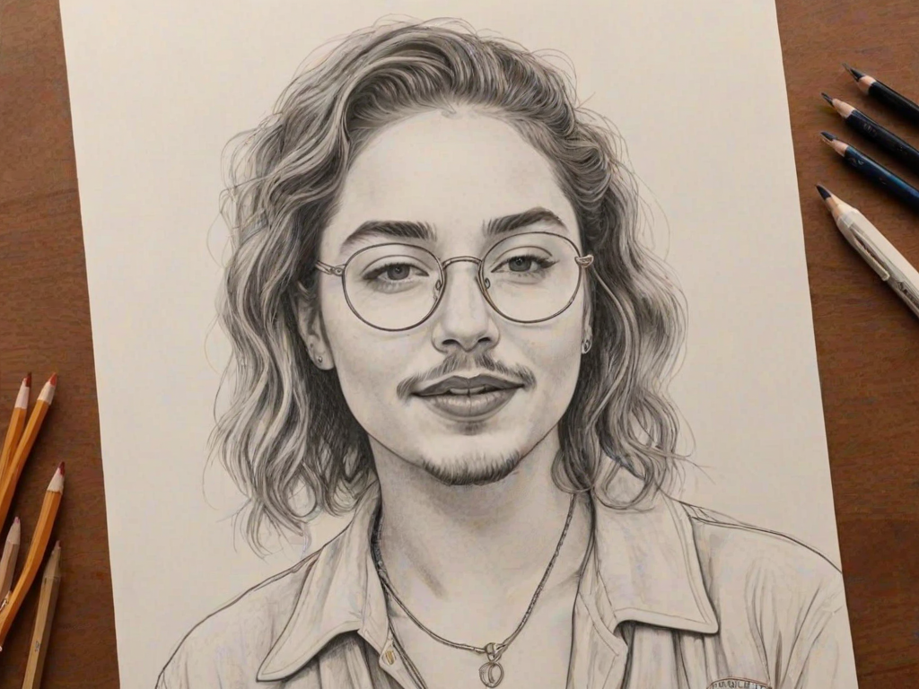 Captivating Post Malone, pencil sketch, portrait of Delightful woman 1928s in glasses, hair style beatnik, outline, clear lines, fine lines, 8k