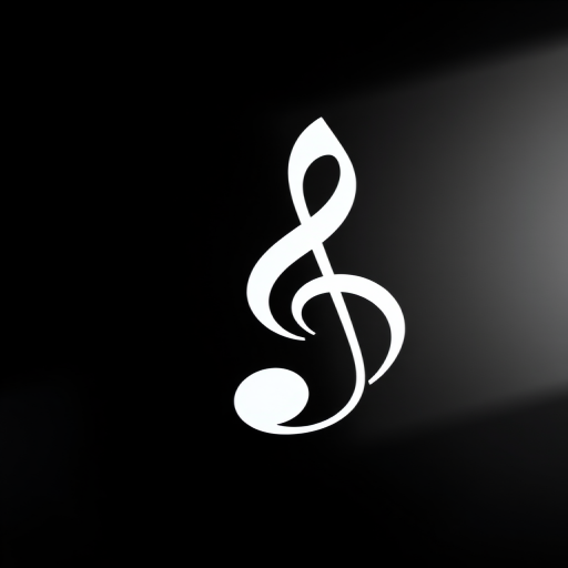 Create an image of a stylized white musical note design on a black background, captured with a Canon EOS 5D Mark IV, using a 50mm lens at f/1.8, with a focus on sharpness, high contrast, and vibrant details, in soft natural lighting.