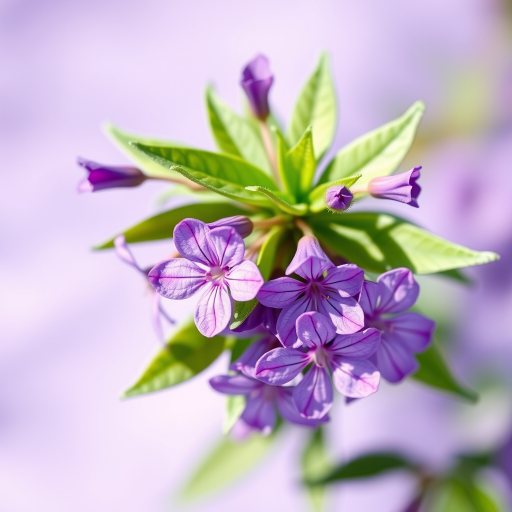 Create a high-resolution digital illustration of a cluster of purple flowers with green leaves on a soft lavender background, using a DSLR camera with 50mm lens, aperture f/2.8, ISO 100, natural lighting, and a shallow depth of field to enhance details and colors.