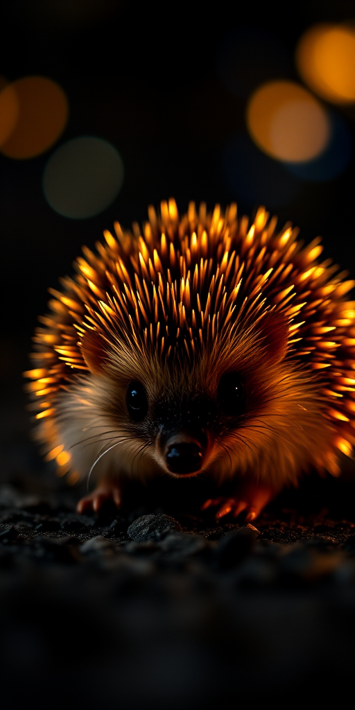 Create a high-resolution image of a hedgehog with glowing spines, shot with a Canon EOS 5D Mark IV, 50mm lens, aperture f/2.8, ISO 100, 1/200s shutter speed, in a dark environment with a bokeh background for enhanced depth.
