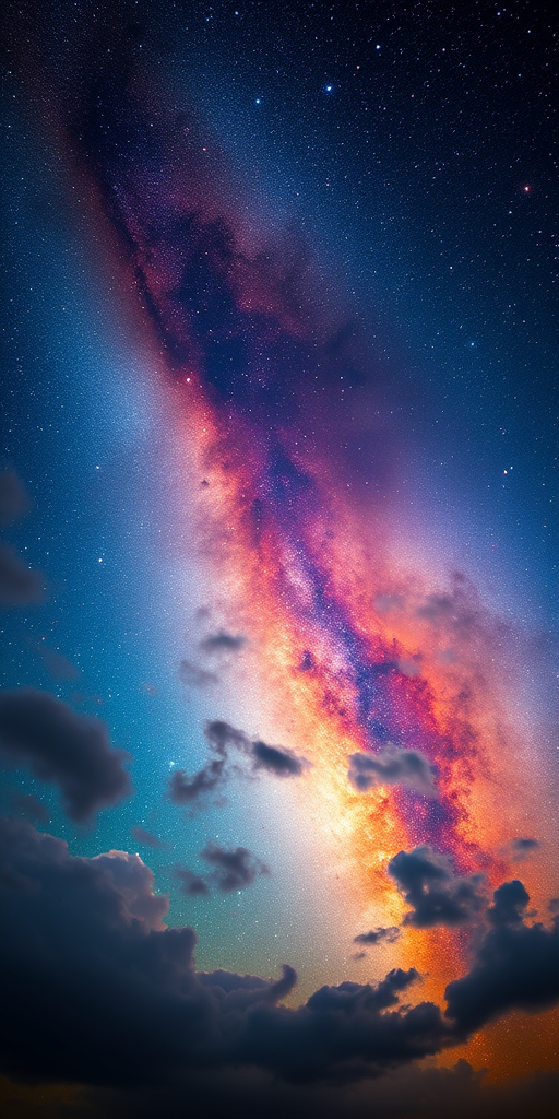 Create a high-resolution cosmic landscape featuring vibrant colors and swirling nebulae with a focus on depth and light, shot in a wide-angle view with a Canon EOS R5 at f/2.8, ISO 100, and a shutter speed of 1/200s, using long exposure to capture the dynamic movement of the clouds and stars.
