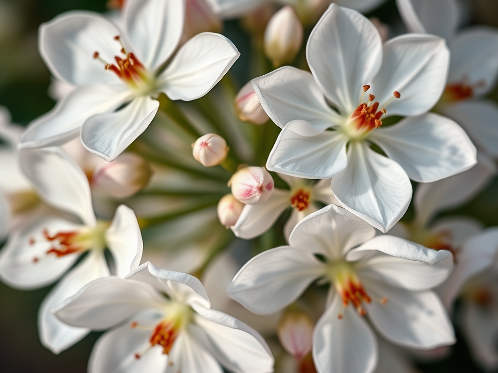 high-resolution macro photograph of white flowers with intricate details and subtle pink accents, taken with a Canon EOS 5D Mark IV, 50mm lens, aperture f/2.8, shutter speed 1/200s, ISO 200, natural light, top-down view, soft focus background for depth.