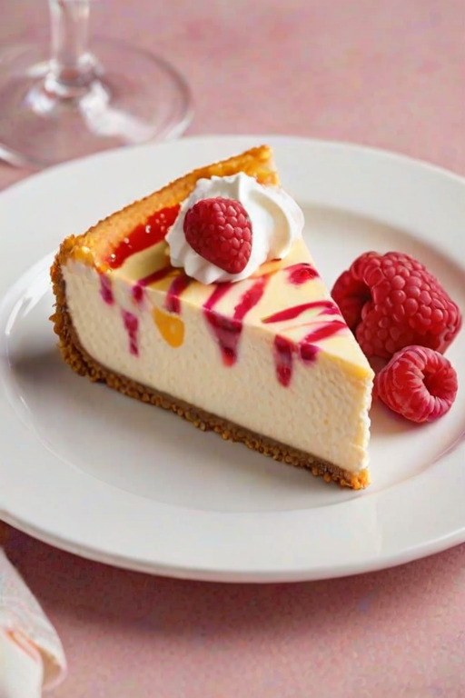 Create an image of a slice of peach raspberry cheesecake on a white plate. The cheesecake should have a creamy texture with swirls of raspberry and slices of fresh peach on top. Garnish with whipped cream and small decorative pearls, accompanied by fresh raspberries scattered around the plate. The background should be softly blurred to emphasize the dessert.