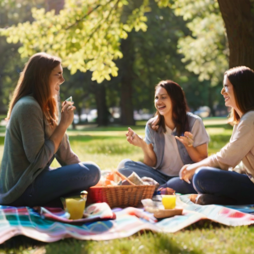 Blurry candid photo of friends enjoying a picnic in a sun-dappled park, soft sunlight filtering through the trees, with colorful blankets, baskets, and laughter filling the scene.