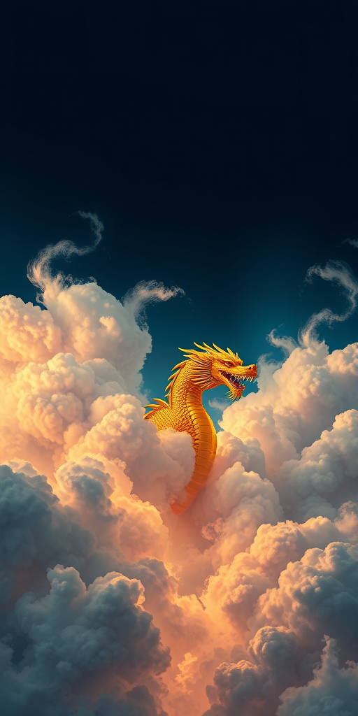 Generate a highly detailed illustration of a golden dragon emerging from swirling, dynamic clouds in a dark sky, using a Canon EOS R5 camera with a 50mm f/1.2 lens at ISO 100, aperture f/8, and a shutter speed of 1/200s, capturing vibrant colors and textures for an ethereal effect.