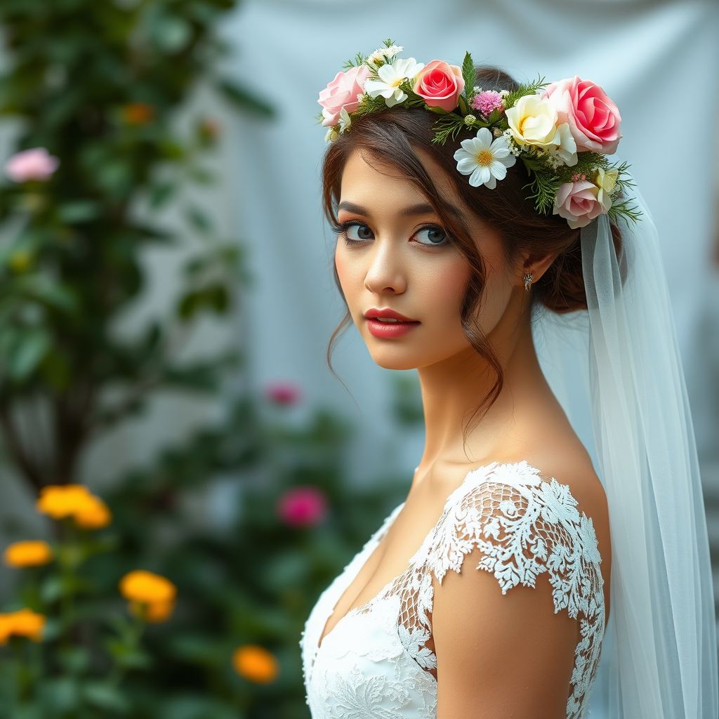 Garden scene, bridal model, delicate lace gown, floral headpiece, soft romantic focus, high-key lighting and an 85mm lens for soft, even tones that highlight the model’s face and bright outfit against a white or light background