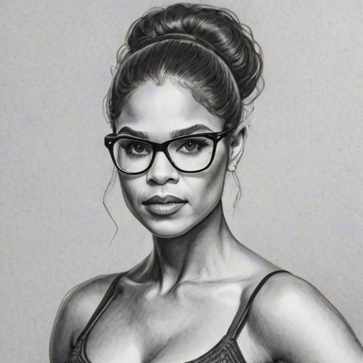 Bewitching Misty Copeland, pencil sketch, portrait of Pleasing woman 1957s in glasses, hair style beatnik, outline, clear lines, fine lines, 8k