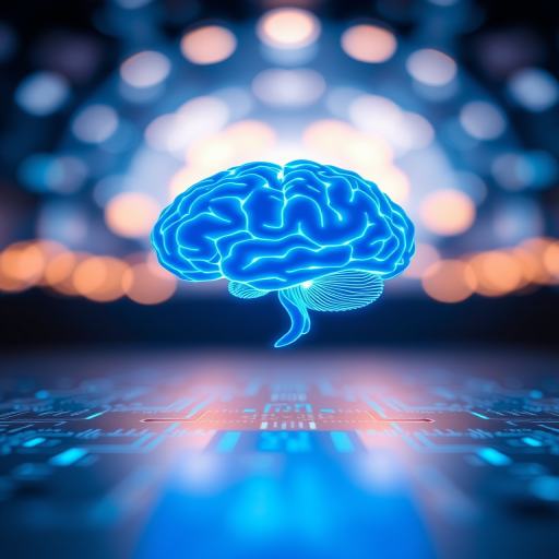 Generate an image of a glowing blue brain circuit representing artificial intelligence, with an abstract digital background featuring soft bokeh lighting, captured using a DSLR camera with a 50mm lens, f/1.8 aperture, ISO 100, shot from a low angle to emphasize depth, using a macro photography style for enhanced detail.