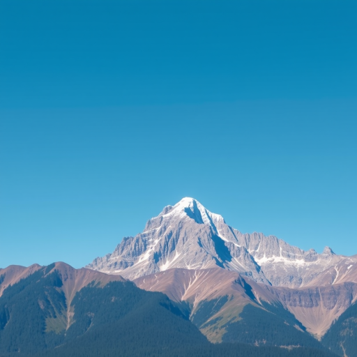 Create a high-resolution image of a mountain landscape using a DSLR camera with a 24mm lens, f/11 aperture, ISO 100, in landscape orientation, with natural lighting and a clear blue sky.