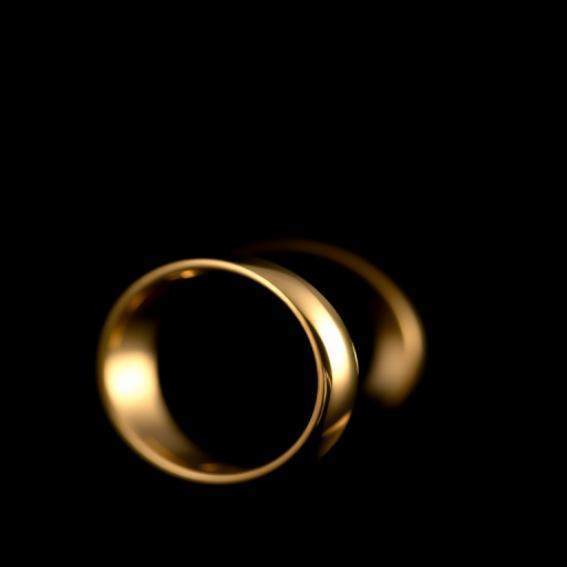 Create a close-up image of two intertwined gold wedding rings on a black background, using a DSLR camera with a 50mm lens, aperture set to f/1.8, ISO 100, and 1/125 shutter speed to achieve a shallow depth of field and enhance details.