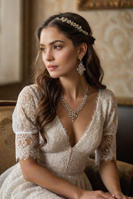 Create a portrait of a refined and elegant Ashkenazi woman seated in a sophisticated setting. She has long, wavy hair styled in two thick braids that are pulled over her shoulders. She wears a white, lace gown with intricate patterns, featuring a deep V-neckline and short sleeves. The dress exudes a vintage charm with its delicate lacework. She is adorned with ornate, dangling earrings that add a touch of glamour to her appearance. The background is softly lit, with warm, ambient lighting that creates a cozy and inviting atmosphere. Her expression is poised and serene, capturing a sense of grace and elegance.