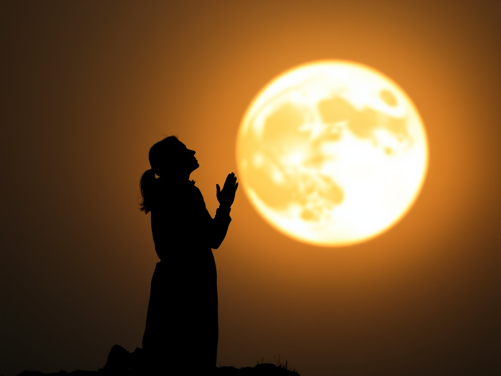 Create an ethereal silhouette of a person praying in front of a large glowing moon, captured with a Canon EOS R5 using a 50mm lens, aperture set to f/1.8, ISO 100, at twilight, with a soft focus and high contrast for dramatic effect.