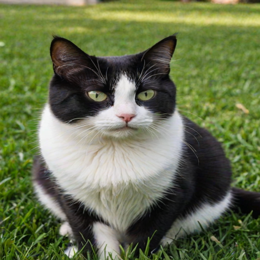 A close-up photograph of a white and black cat sitting on a green lawn. Its tail is curled neatly beside it, and the cat's face is predominantly white. It has a distinctive expression, resembling a domestic shorthair, with slightly squinted eyes that give it a look of frustration. In the background, the White House in Washington, D.C. looms, while the cat sits angrily on the grass, its posture showing intense displeasure.
