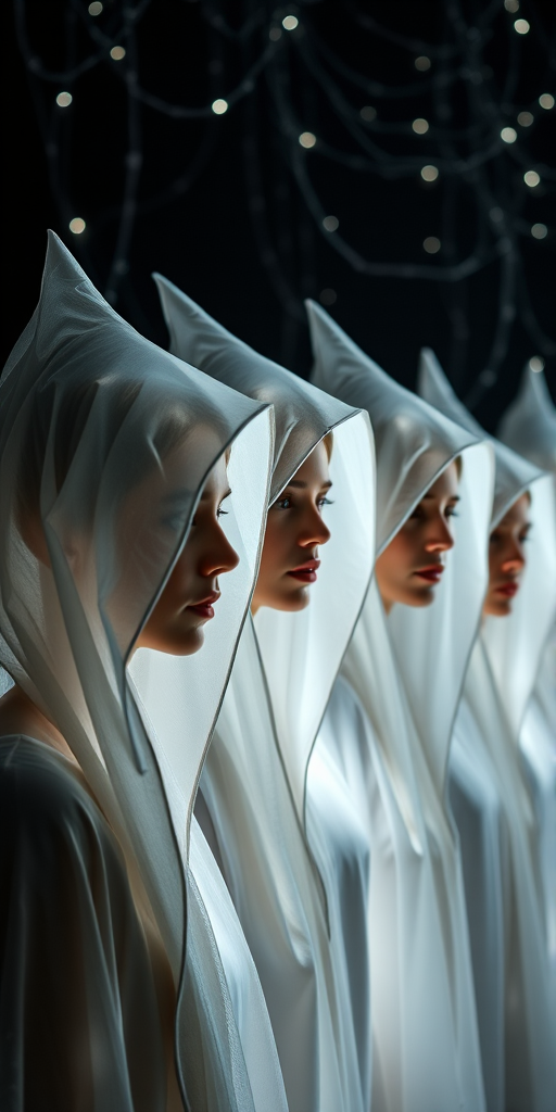 A dramatic portrayal of a group of individuals draped in translucent, white robes with pointed, elongated hoods that cast a soft glow on their faces. The robes are translucent, allowing the light to filter through, creating a shimmering effect. The individuals are positioned in a line, with their faces turned slightly to the side, revealing a contemplative expression. The setting is dark, with a backdrop of intricate, blurred patterns that resemble a network of lights or wires. The overall mood of the image is mysterious and ethereal, with the white robes and hoods standing out against the darker, moody backdrop.
