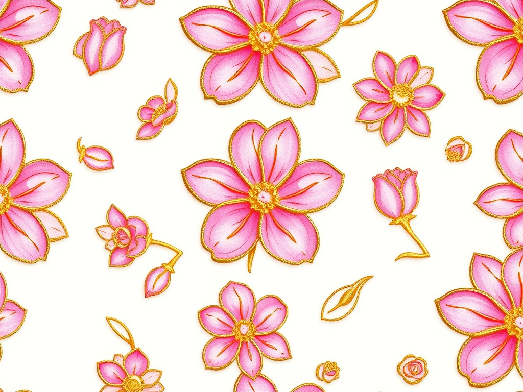 Create a seamless floral pattern with pink flowers outlined in gold on a white background, macro lens, f/2.8 aperture, 50mm focal length, soft natural lighting, digital camera.