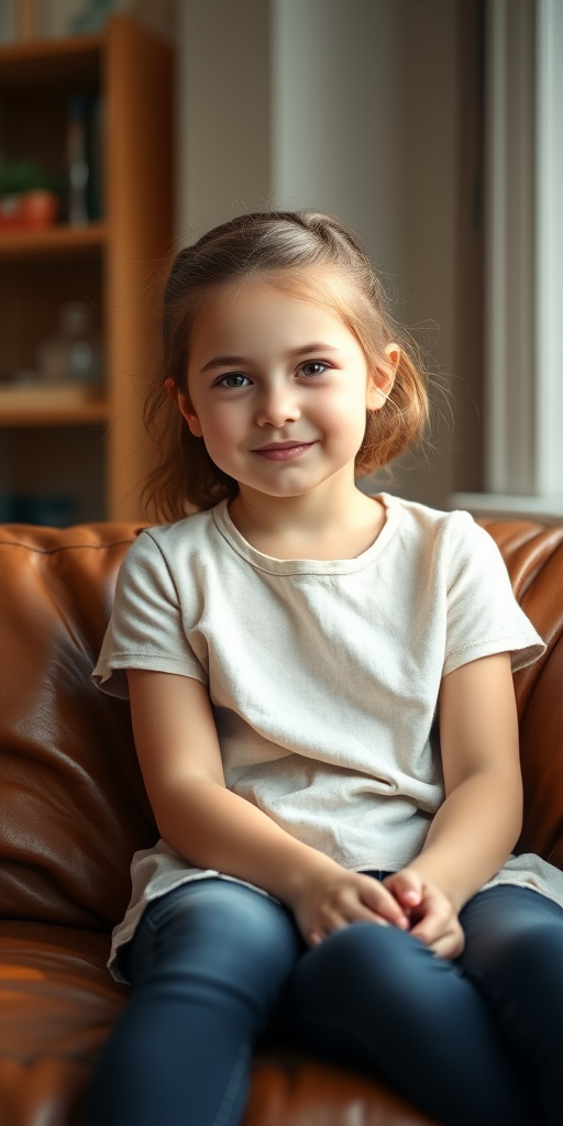portrait of a young girl sitting on a brown leather sofa, soft natural lighting, f/2.8 aperture, 50mm lens, ISO 100, shallow depth of field, DSLR camera, warm color tones