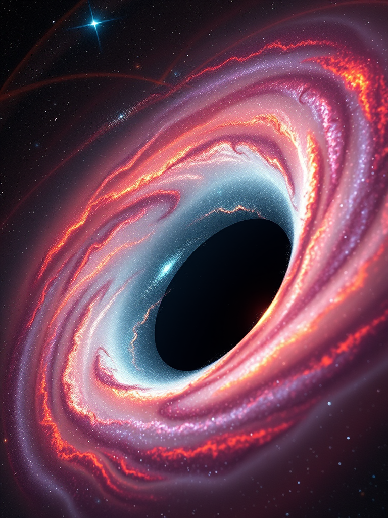 Create a high-resolution image of a glowing black hole encircled by a vibrant, swirling galaxy, shot with a DSLR camera at f/8 aperture, ISO 100, with a wide-angle lens to capture the expansive cosmic scene, using HDR imaging for enhanced details and contrast.