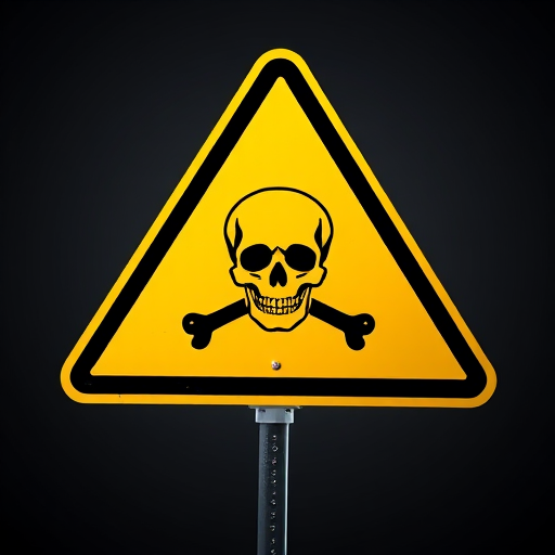 Create a high-resolution image of a yellow triangular warning sign with a skull and crossbones in the center, shot with a DSLR camera at f/2.8, ISO 100, and a 50mm lens, in a well-lit studio environment for enhanced clarity and detail.