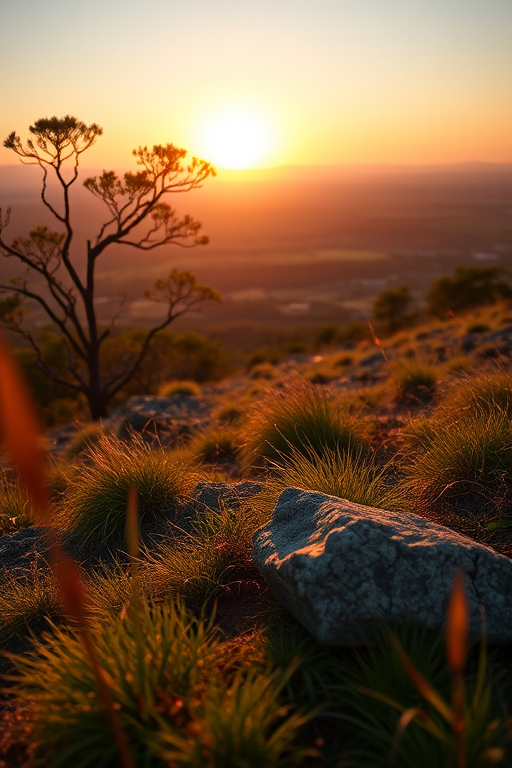 Generate a high-resolution image of a serene landscape during golden hour, using a Canon EOS R5 camera with a 24-70mm f/2.8 lens, aperture set to f/8, ISO 100, shutter speed 1/200s, shot from a low angle to capture foreground details and a wide view of the background scenery.