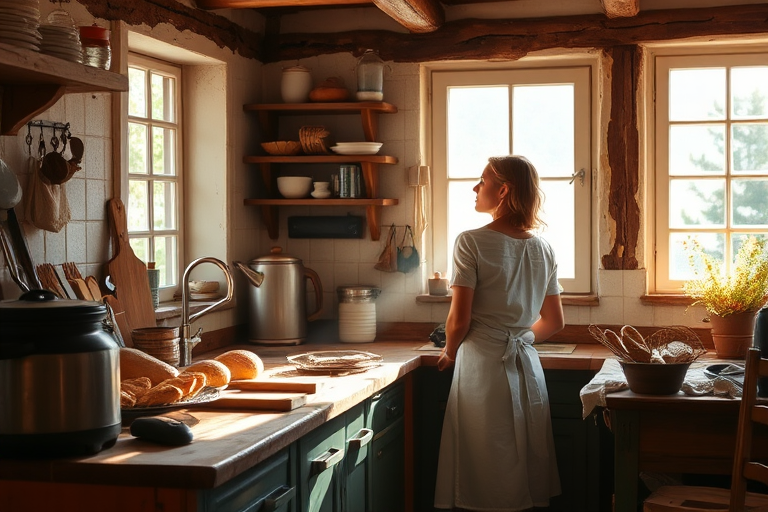 Rustic kitchen of a countryside cottage, sunlight streaming through the window, a woman bakes bread at the counter, the smell of fresh dough filling the cozy space.