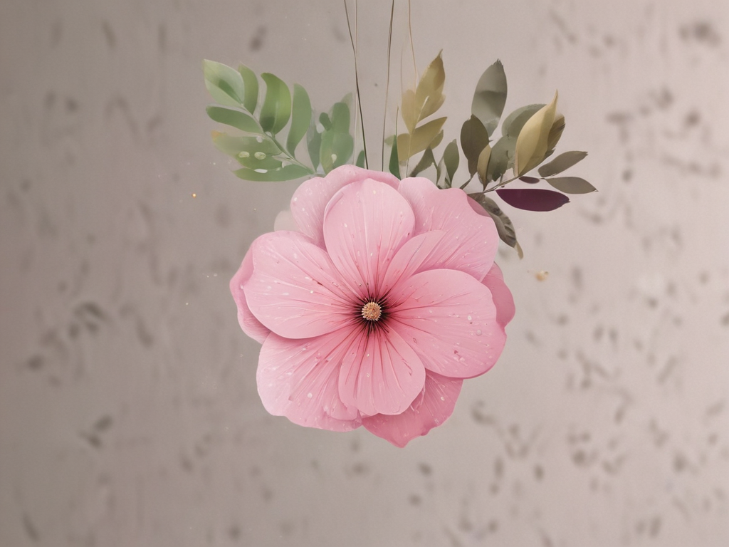 Delicate Pink Flower with Green Leaves Hanging Against a Soft Background