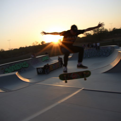 Blurry action shot of a skateboarder mid-air at a skatepark, sunset in the background, colorful graffiti on the ramps and walls, soft shadows stretching across the concrete, a small crowd gathered in the distance, some holding up phones to capture the moment.