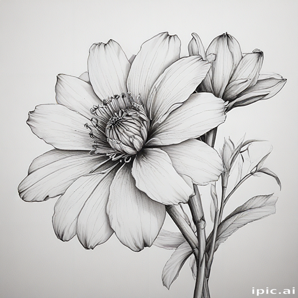 Intricate Black and White Illustration of a Beautiful Flower Arrangement