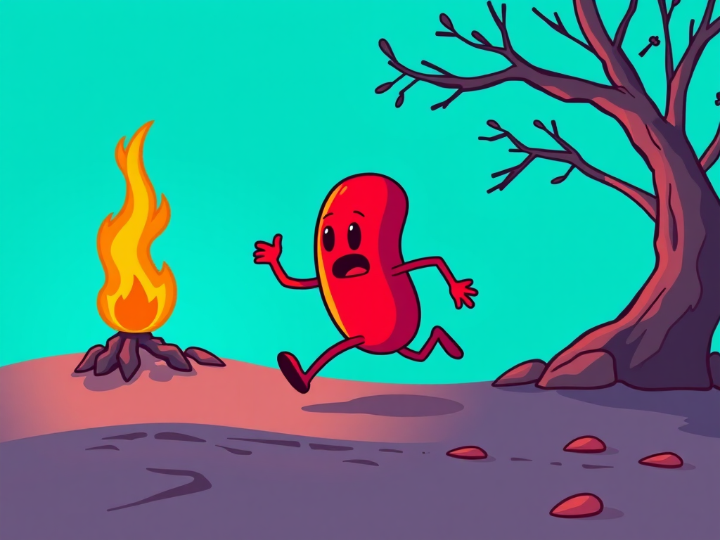Create a cartoon-style illustration of a red bean character running away from a small flame, with a vibrant turquoise background, using a Canon EOS R6 with a 50mm f/1.8 lens, ISO 100, aperture f/2.8, and shutter speed 1/100s for sharp focus and bright colors.