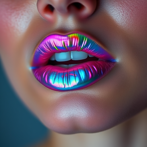 Holographic iridescent woman lips shifting colors in the light, showcasing futuristic and innovative makeup artistry