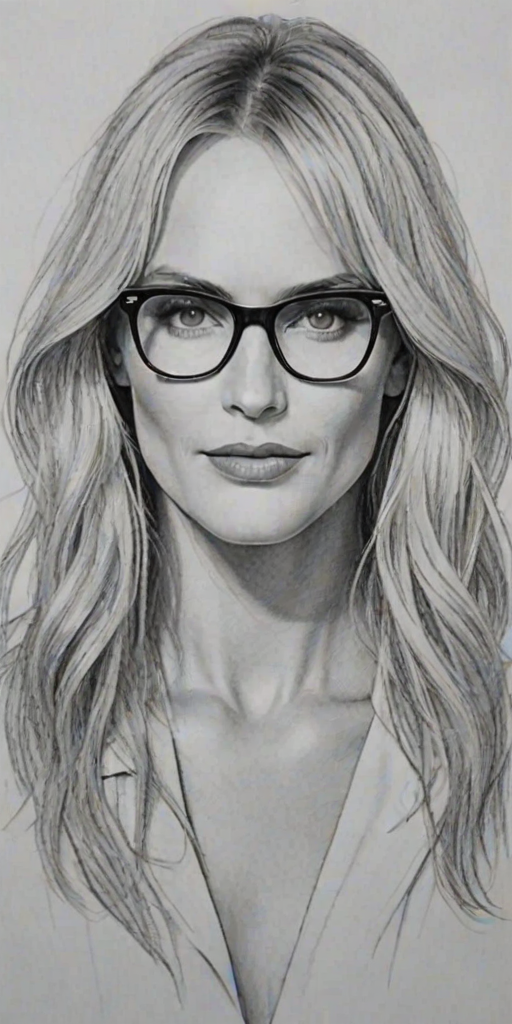 Attractive Daryl Hannah, pencil sketch, portrait of Lovely woman 1923s in glasses, hair style beatnik, outline, clear lines, fine lines, 8k