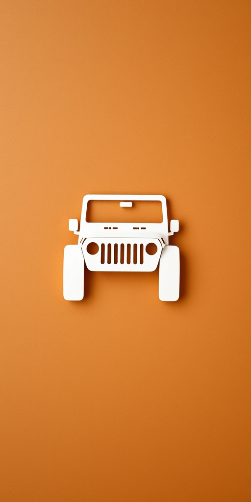 create a high-resolution image of a simple white silhouette of a jeep on a brown background using a DSLR camera with an aperture of f/4, ISO 100, a shutter speed of 1/60 seconds, and a centered composition in a flat lay style.