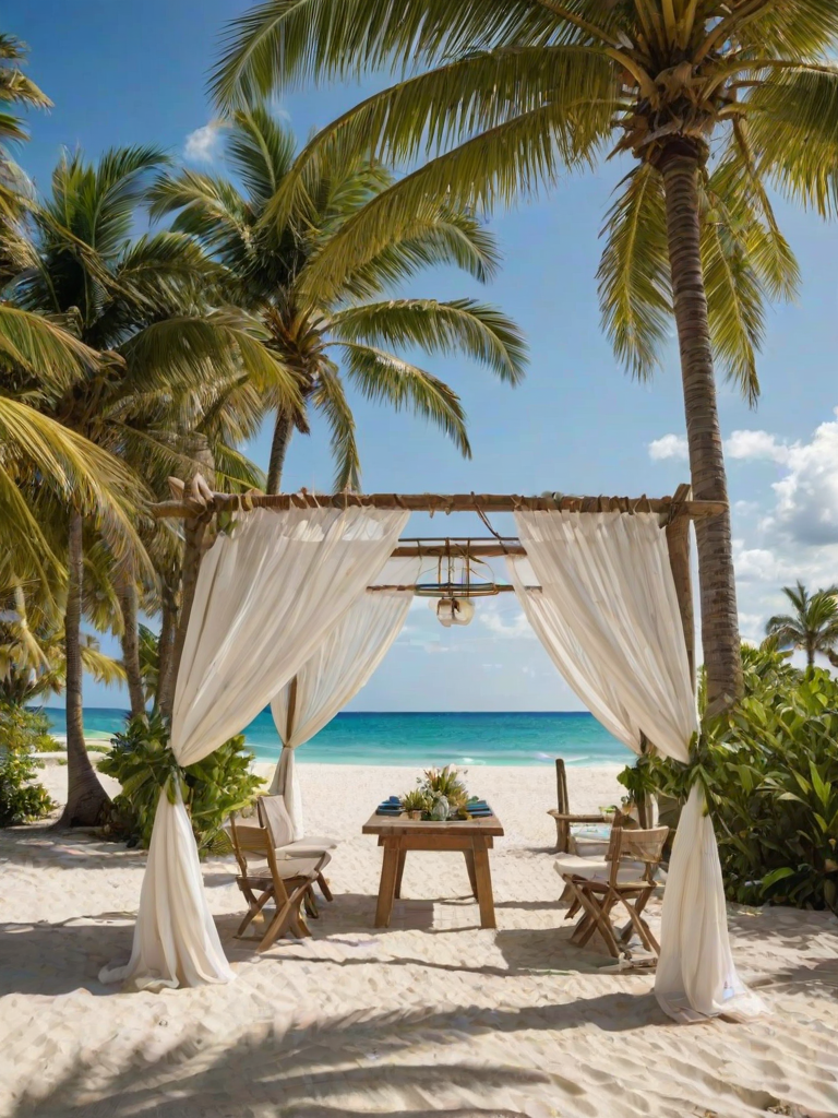 Create a picturesque tropical beach scene featuring a serene, white sandy shore. In the foreground, there's a rustic wooden canopy with white drapes gently flowing in the breeze. Underneath the canopy, a table is set with tropical decor, evoking a sense of relaxation and leisure. The beach extends into a calm, shallow water area with reflections of the sky and surroundings. Palm trees and lush greenery line the edge of the beach, providing a natural, tropical backdrop. The sky is clear with a few scattered clouds, and the overall atmosphere is tranquil and inviting, perfect for a peaceful retreat.