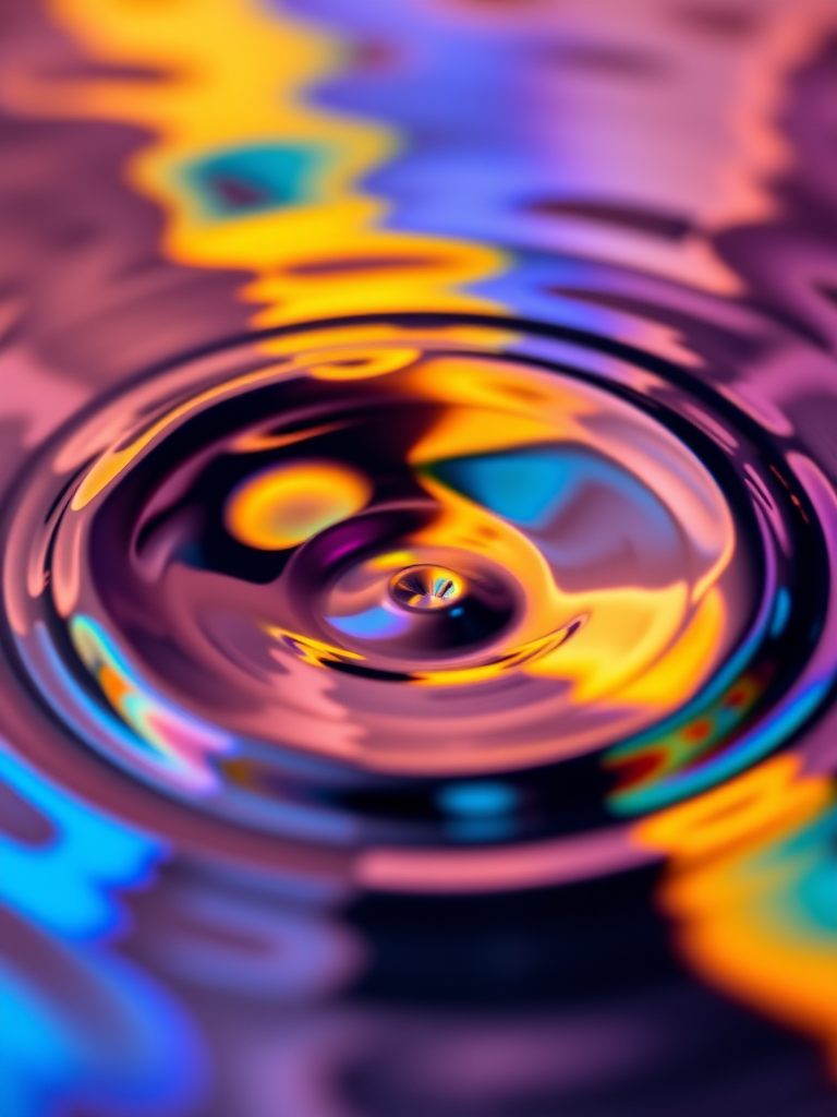 Create an abstract image of colorful water ripples with a high saturation and sharp focus using a DSLR camera with a 50mm lens, aperture set to f/1.8, ISO 100, and a shutter speed of 1/200s, in a macro style.