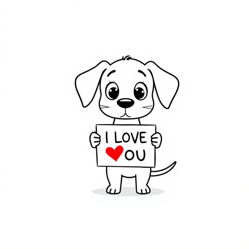 A minimalist cartoon of a PUPPY standing on a blank white background, holding a sign that simply says, 'I LOVE YOU.' The puppy is drawn with just a few lines: big eyes, whiskers, floppy ears, and a straight tail, giving it a comically desperate expression.