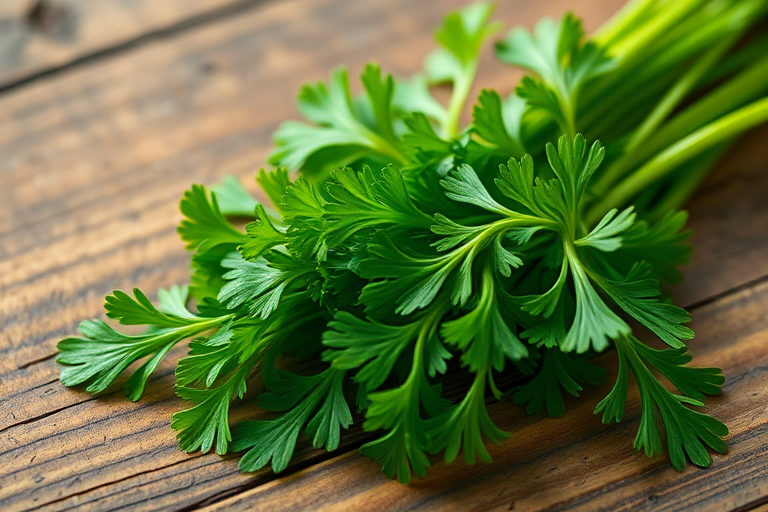 high-resolution close-up of fresh green parsley on a wooden surface, aperture f/2.8, shutter speed 1/60s, ISO 100, macro lens, natural lighting