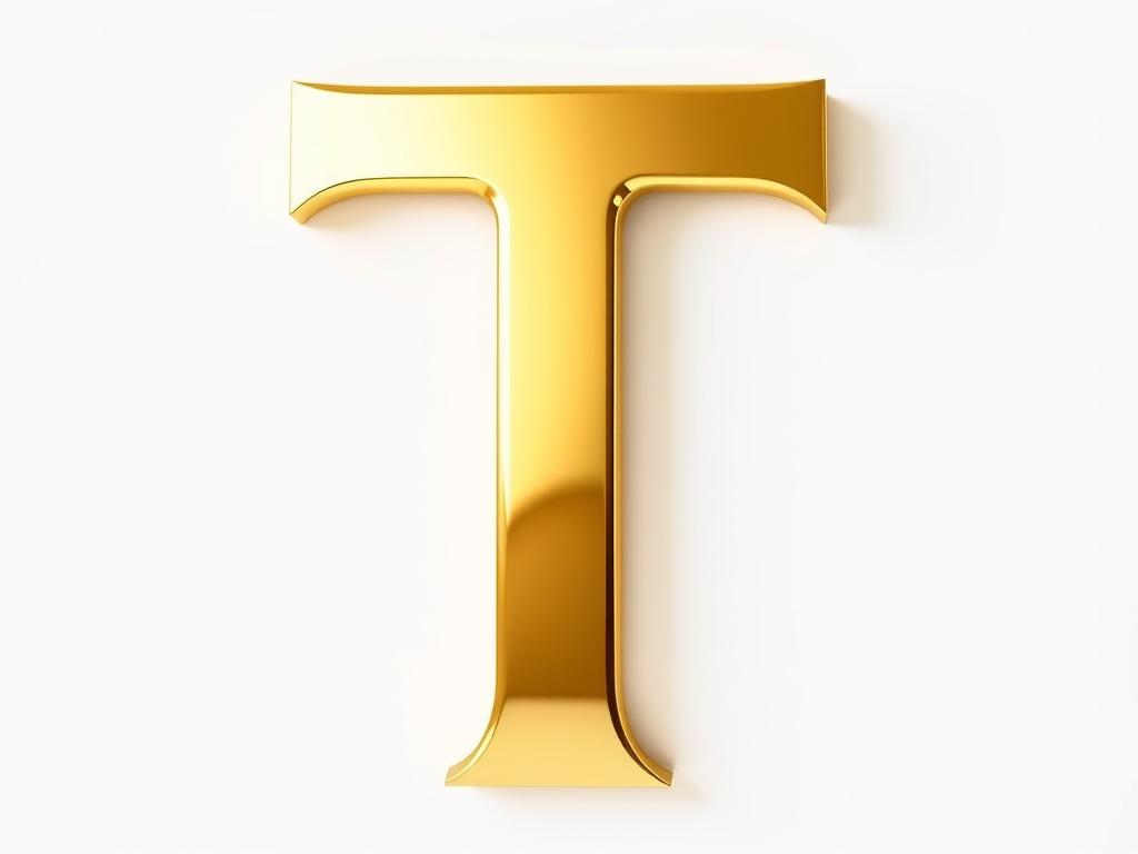 Create a high-resolution image of a large, shiny gold letter "T" with reflective highlights against a white background, using a DSLR camera with a 50mm lens, aperture set to f/1.8, ISO 100, and a soft focus to enhance the overall quality and depth.