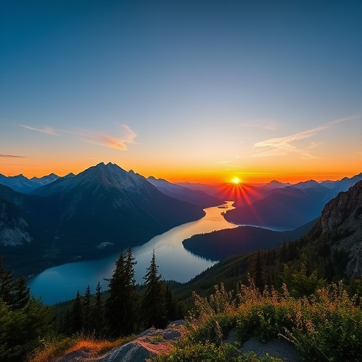 Generate an image of a scenic landscape with mountains and a lake during sunset, captured with a Canon EOS R5, 24mm f/1.4 lens, ISO 100, aperture f/8, shutter speed 1/125 sec, wide-angle view, and vibrant colors.